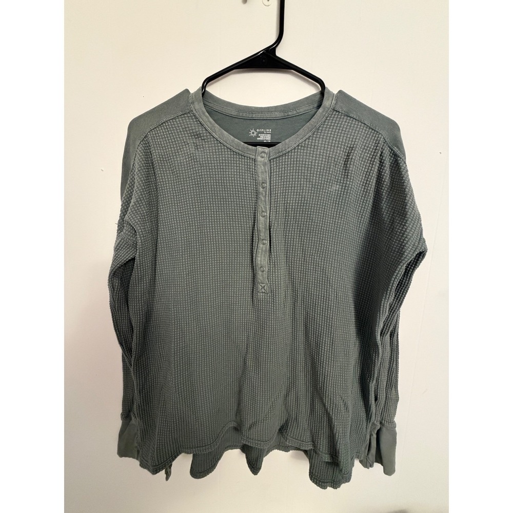 OFFLINE‎ by Aerie Henley Top Women XS Green Waffle Knit Long Sleeve Athliesure